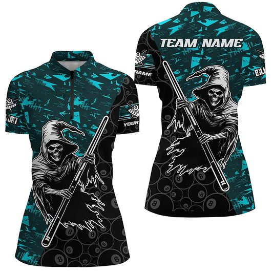 Personalized Cyan Abstract Grim Reaper Women Billiard Shirts, Halloween Billiard Jerseys TDM2760