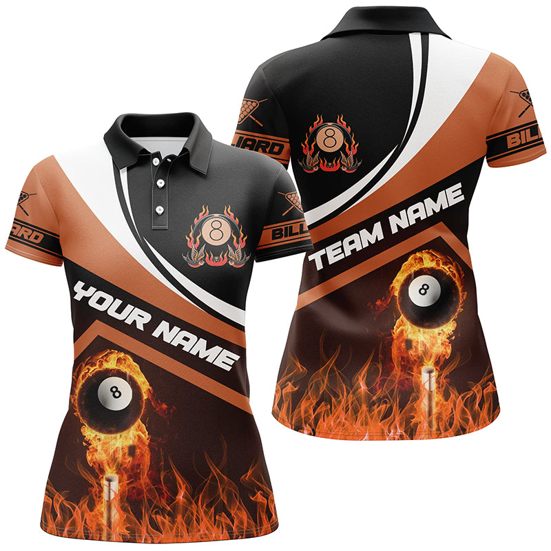 Customized Name Flaming 8 Ball 3D Billiard Polo Shirts For Women, Custom Billiard 8 Ball For Team TDM0175