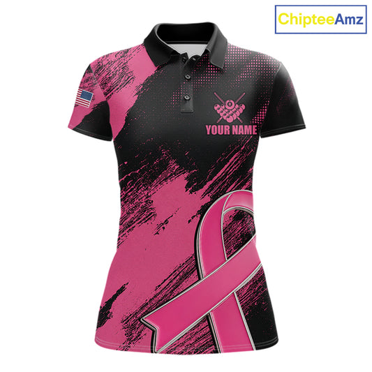 Personalized Pink Ribbon 8 Ball Breast Cancer Awareness Billiard Polo Shirt Featuring Inspirational Pink Ribbon Artwork for Pool League Players, Team Competition, and Awareness Events