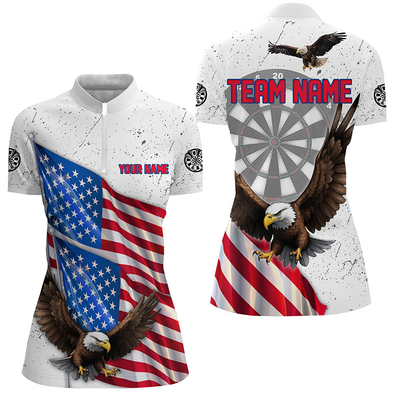 Personalized Eagle American Flag Custom White Grunge Darts Shirts For Women, Patriotic Darts Jerseys TDM2428
