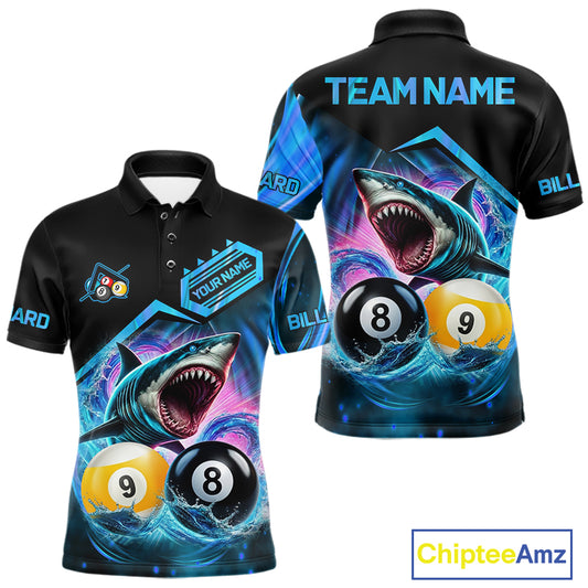 Blue 8 ball and 9 ball pool billiard shark team jersey polo shirt for men featuring a fierce shark with 8 ball and 9 ball design, premium custom billiard league apparel.