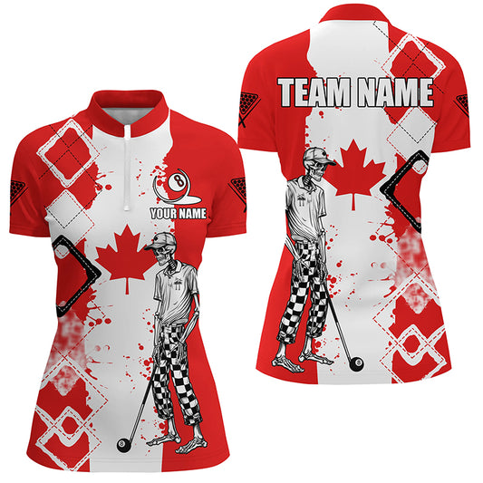 Personalized Argyle Canada Flag Funny Skeleton Women Billiard Shirts, Patriotic Billiard Team Jerseys TDM1760