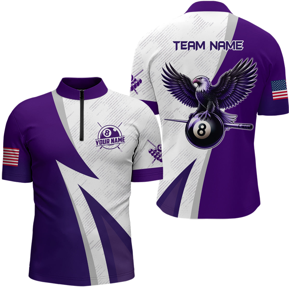 Personalized Purple Billiards Pool Men Quarter-Zip Shirts, 8 Ball Pool Eagle Billiard Jerseys TDM1069
