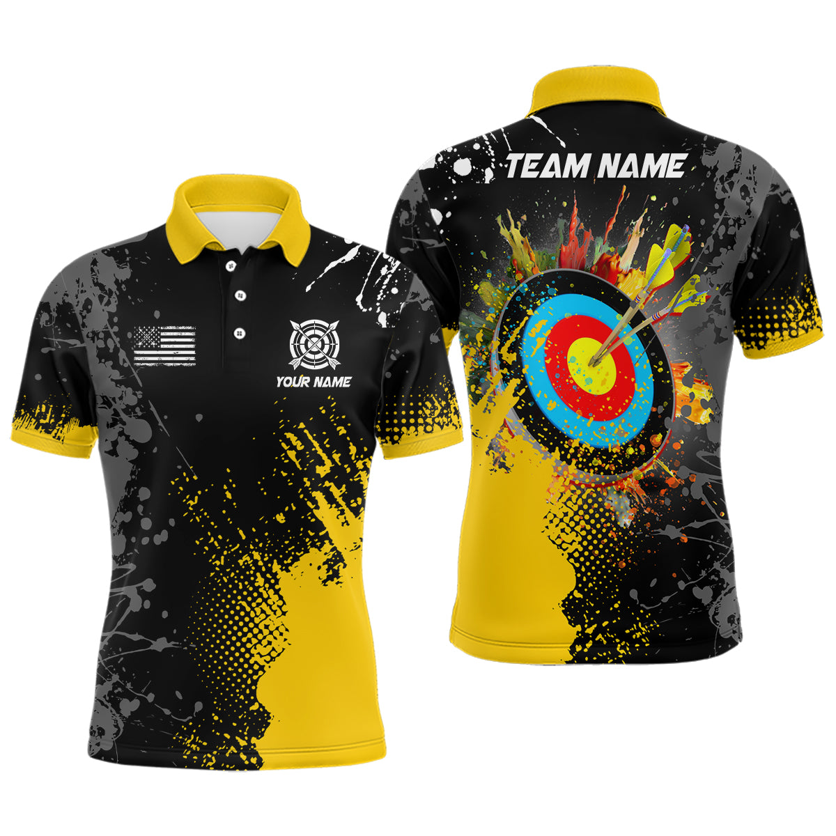 Personalized Paint Yellow 3D Target Archery Polo Shirts For Men Custom Name Archery Jerseys Attire TDM1191