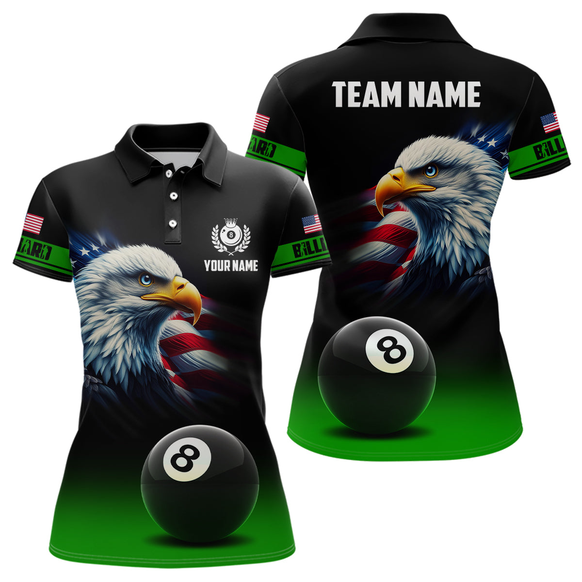 Personalized Black Green Billiard American Flag Eagle Women Polo Shirts, 3D 8 Ball Pool Team Shirts TDM1096