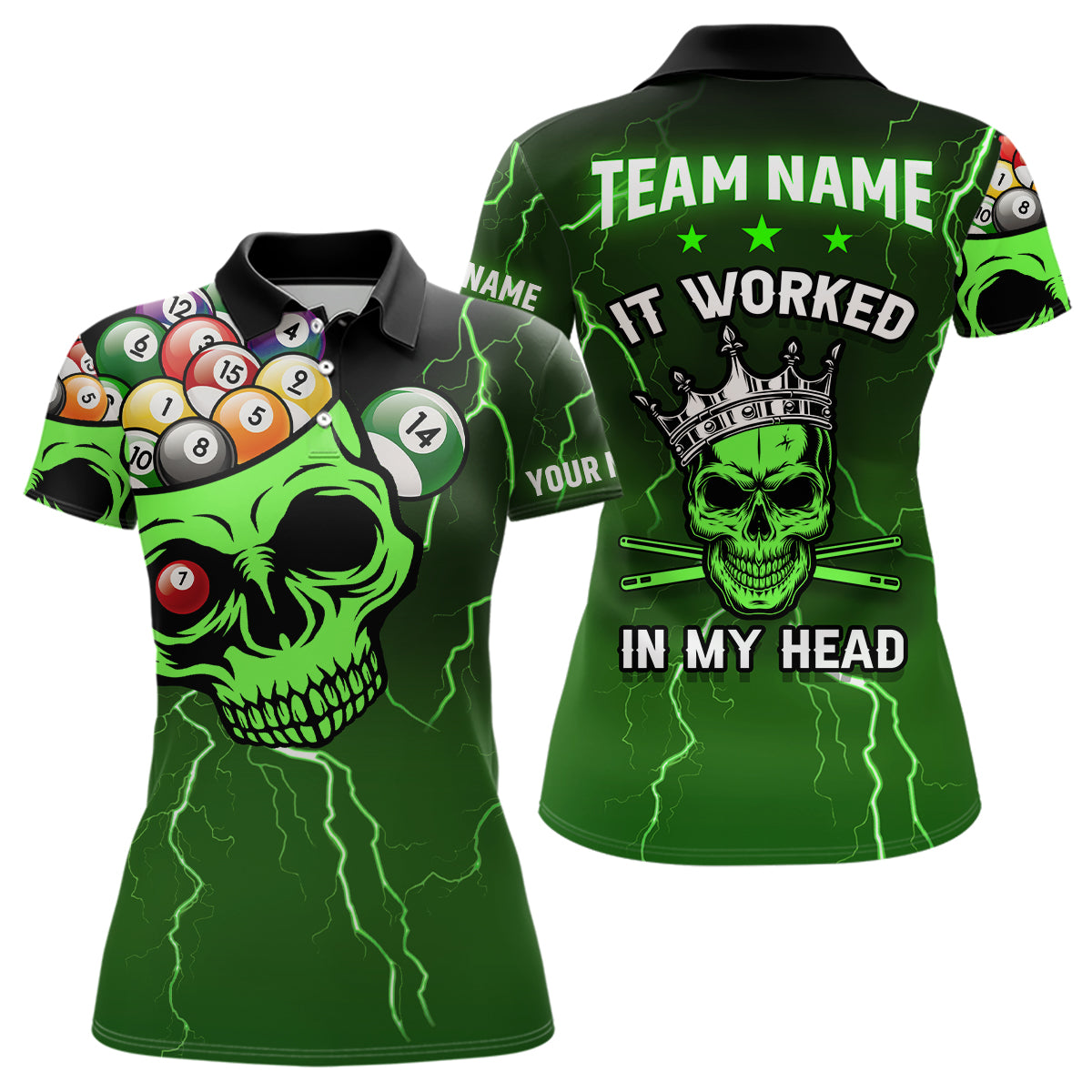 Personalized It Worked In My Head 3D Skull Full Printing Billiards Polo Shirts For Women | Green TDM0361