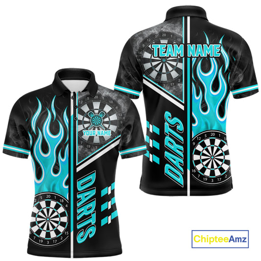 Black And Turquoise Flaming Smoke Darts Shirt For Men Custom Darts Jersey Team Polo & 1/4 Zip TDM6097