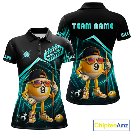 Black and turquoise billiard polo shirt with funny 9 ball design, customizable your name & team name pool jersey for women
