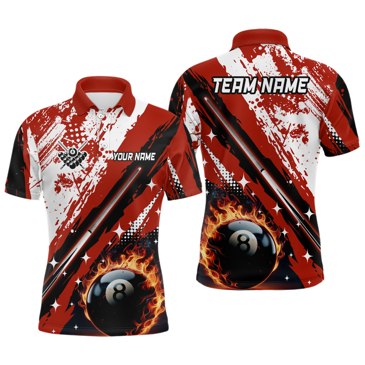 Personalized Billiard 8 Ball Pool Grunge Style Men Polo Shirts, Best Billiard Jerseys |Red TDM1040