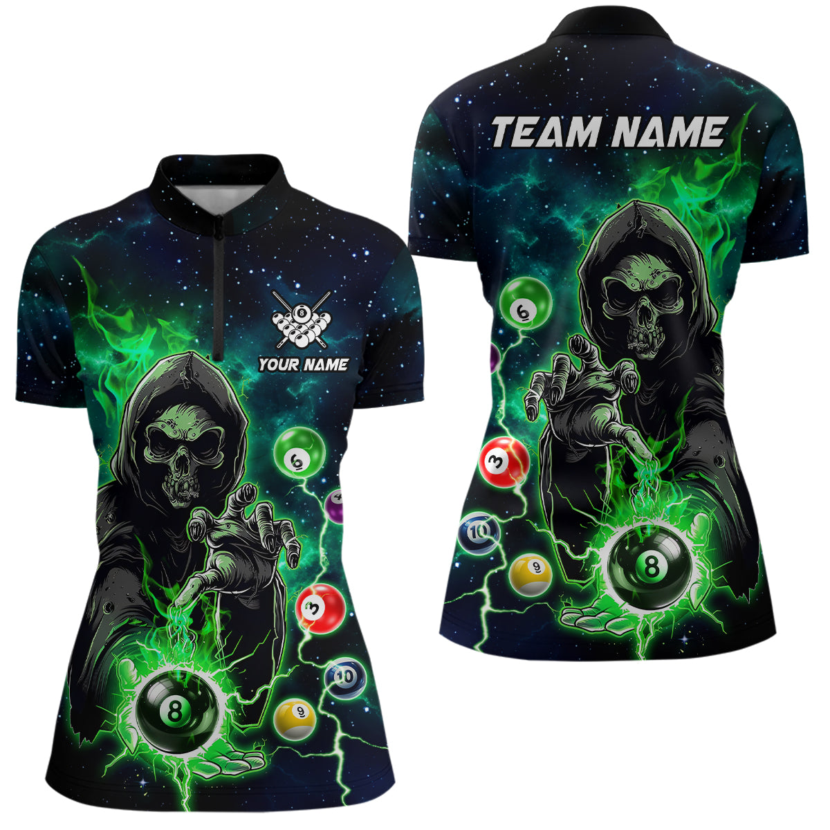 Green Billiard Grim Reaper Women Polo & Quarter-Zip Shirts Customized Team League Billiard Jerseys TDM1752