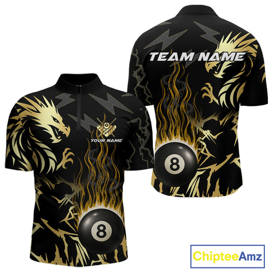 Black And Gold Flame 8 Ball Pool Shirt For Men Custom Dragon Billiards Team Jersey Polo & 1/4 Zip TDM4103