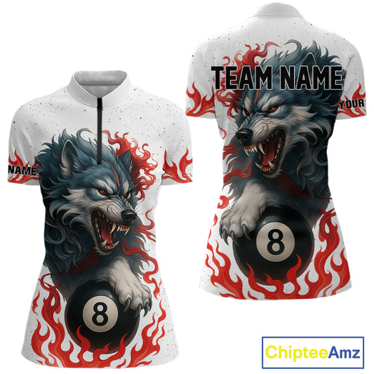 Personalized Wolf Flaming 8 Ball Billiard Shirts For Women Custom Billiard Pool Team Jersey |Red TDM4111