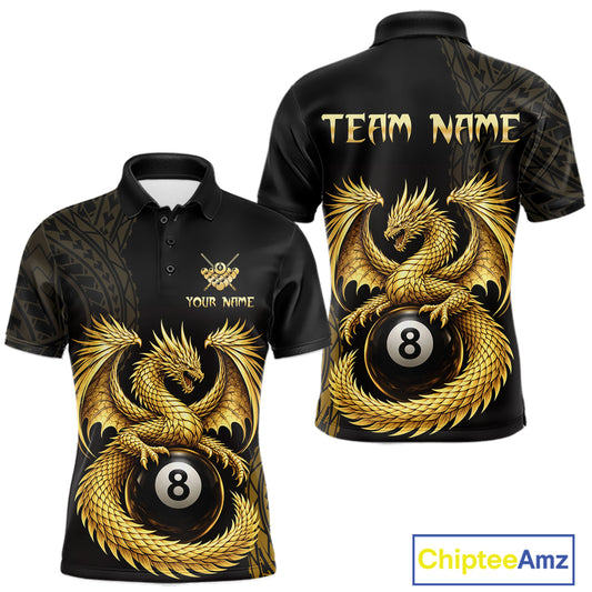 Black And Golden Custom Dragon Billiard Shirt For Men, 8 Ball Pool Team Jersey Polo & 1/4 Zip TDM6058