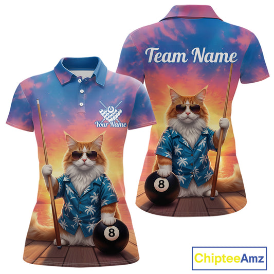 Personalized Funny Cat Sunset Billiard Shirt For Women Custom 8 Ball Pool Team Jersey Polo & 1/4 Zip TDM6414