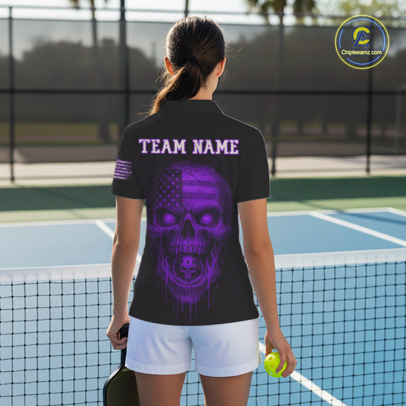 Custom Purple Grunge Skull Pickleball Ball League Jerseys For Women US Flag Pickleball Shirts NYN2151