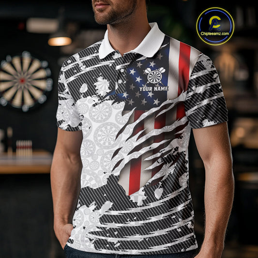 Custom Black White USA Flag Dartboard Dart Men Polo Shirt Patriotic Dart Jerseys NYN1612