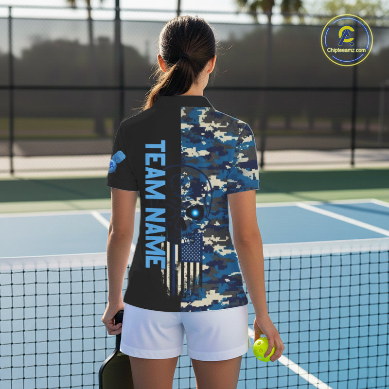 Custom Navy Digital Camo Skull Pickleball League Jerseys Women Skull Pickleball Paddle Shirt NYN2155