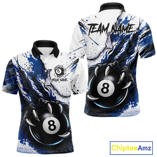White And Blue Claws 8 Ball Billiard Pool Shirt For Men Custom Billiard Attire Team Jersey NYN3064