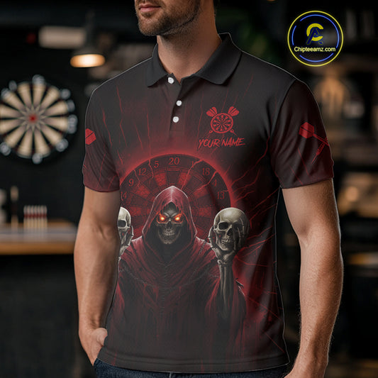 Custom Red Grim Reaper Grey Skull Dartboard Men Darts Polo Shirt Grunge Dart Jerseys NYN1935