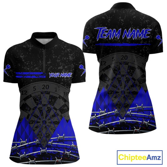 Barbed Wire & Grunge Dartboard Blue Darts Shirt For Women - Custom Name For Players NYN0547