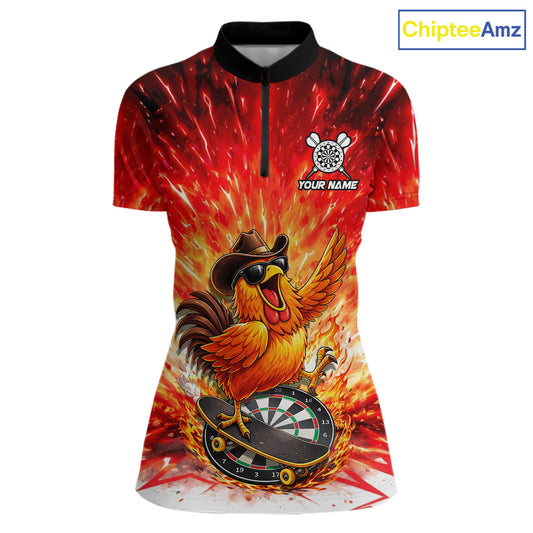 Womens Darts Funny Rooster Red Flames Polo Shirt Custom Name Polo Quarter Zip Shirt Gift For Darters NYN2857