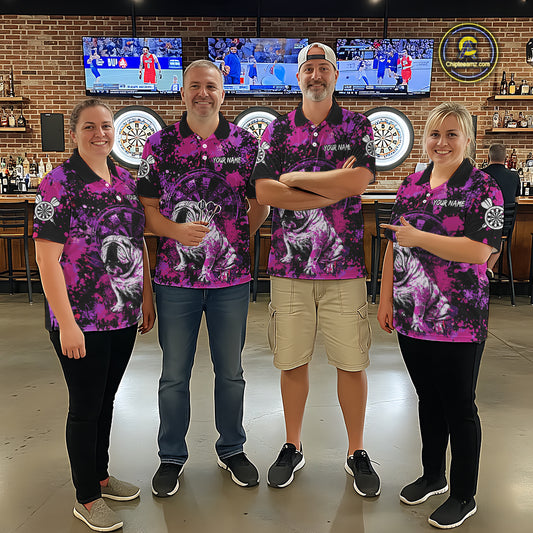 Custom Purple Splash Funny Bulldog Women Darts Quarter-Zip League Shirts Splatter Dart Team Jerseys NYN2254