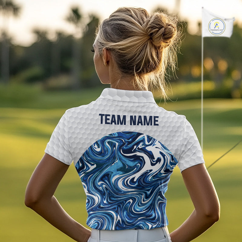 Women Golf Clothing Blue Fluid Pattern Golf Polo Shirt Custom White Golf Ball Golf Upf Shirts NYN2929