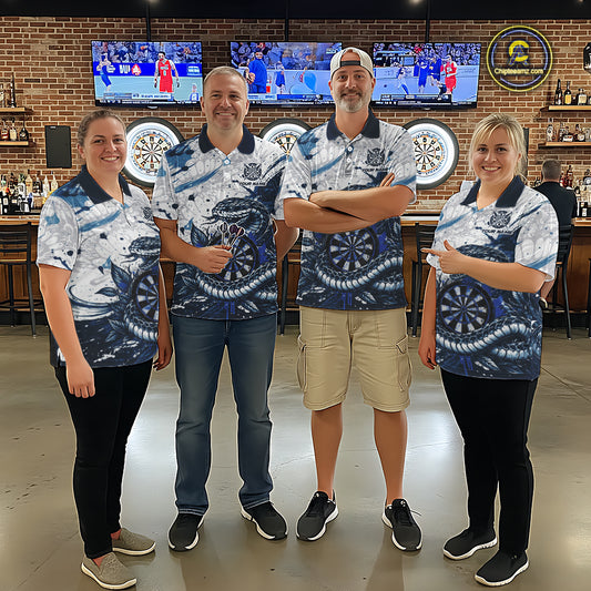 Custom White And Blue Splatter Cobra Dartboard Men Darts Quarter-Zip Shirts Grunge Dart Jerseys NYN2269