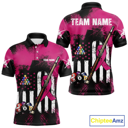 Pink Ribbon Grunge US Flag Patriotic Men Billiard Shirts Custom Breast Cancer Billiard Jerseys NYN2943