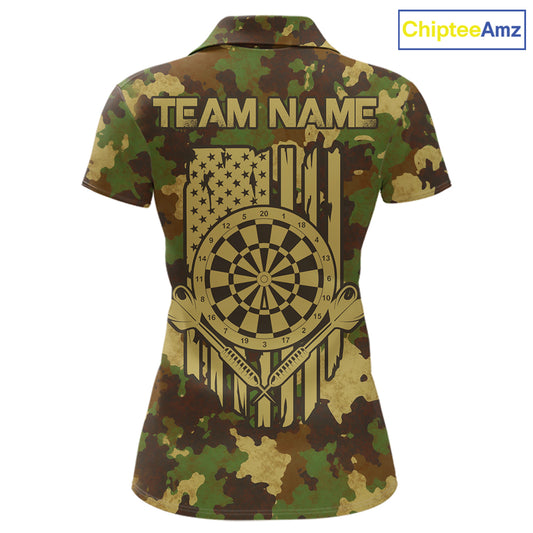 Green Beige Camo Women's Dart Polo Shirt, Personalized Patriot Dartboard Team Jersey, US Flag Camouflage Performance Polo, Tactical Sportswear