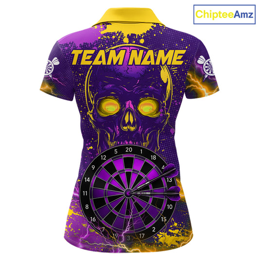 Skull Thunder Women's Dart Polo Shirt, Purple Yellow Splatter Dart Team Jersey, Personalized Skull Performance Polo, Gothic Thunder Sportswear