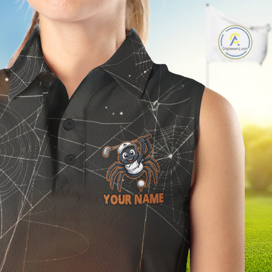 Female golfer wearing Funny Spider Halloween golf polo, personalized golf apparel, spiderweb golf fashion, autumn golf outfit, golf vacation clothing, Halloween golf league uniform