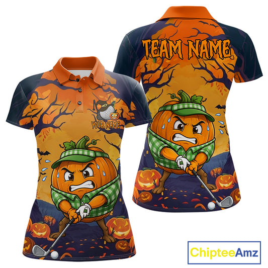 Funny Pumpkin women's golf polo shirt, Halloween golf team uniform, breathable performance golf apparel, autumn golf outfit