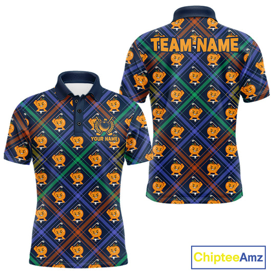 Plaid Pumpkin men's golf polo shirt, Halloween golf apparel, breathable golf team uniform, custom golf clothing