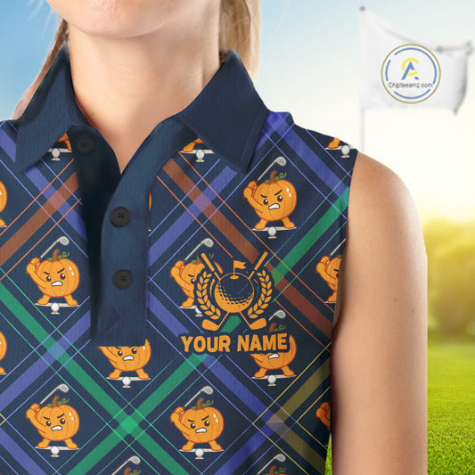 Female golfer wearing Plaid Pumpkin golf polo, autumn golf outfit, golf vacation clothing, seasonal golf apparel
