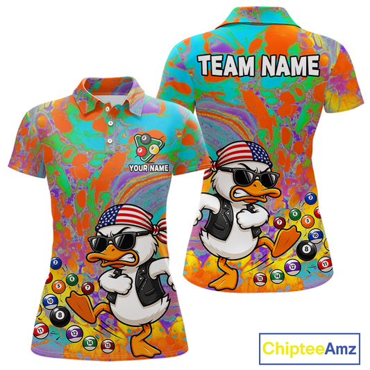 Colorful Funny Duck Women's Billiard Polo Shirt, Personalized Duck Pool Team Jersey, Custom Team Name Cue Sports Apparel