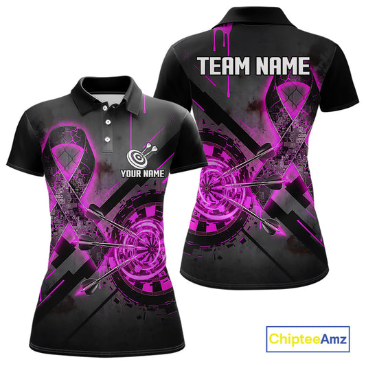 Lightning Pink Ribbon women's darts polo featuring dartboard artwork, Breast Cancer Awareness ribbon, custom darts team jersey, charity tournament apparel, inspirational league uniform, personalized awareness sports shirt