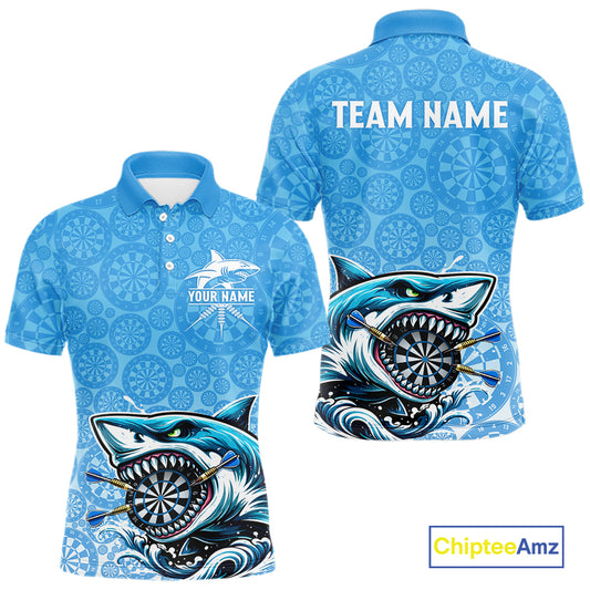Blue Ferocious Shark Dartboard & Arrow Men Darts Polo Shirt Custom Funny Dart League Shirt NYN2647