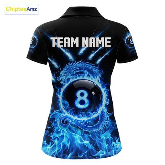 Blue Flaming Dragon Pool 8 Ball Women Billiard Team Shirt Custom Billiard Polo & 1/4-Zip Attire NYN2497