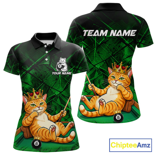 Funny cat crown 8 ball billiard polo shirt for women green grunge pool jersey