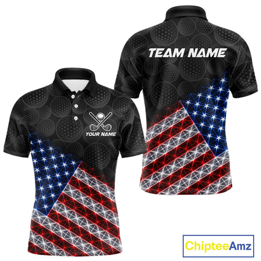 Lightning American flag golf polo shirt for men black golf ball design