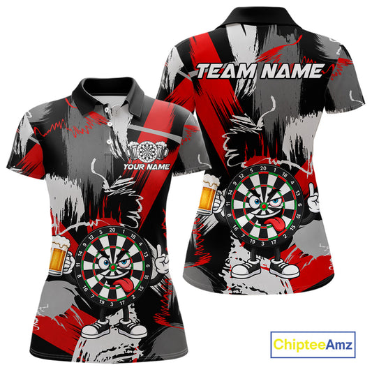 Custom Rock-On Dartboard Women's Dart Polo Shirt, Red Grey Funny Dart Team Jersey, Personalized Tournament Polo, Rock Hand Gesture, Performance Apparel