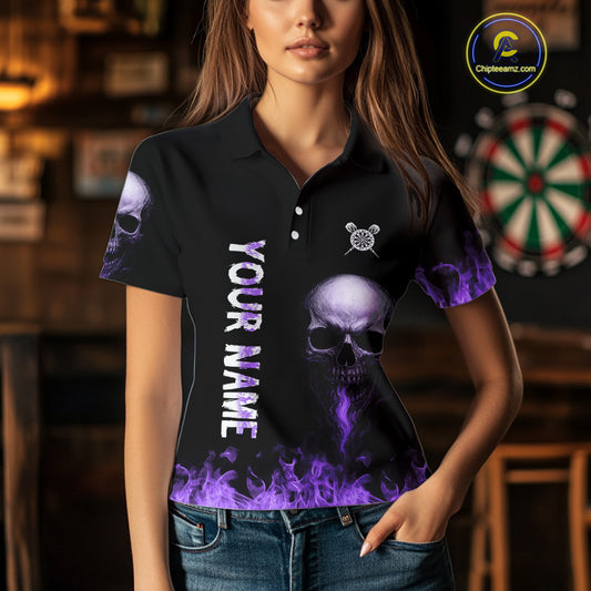 Custom Purple Fire Skull Multi-Flame Dartboard Dart Women Polo Shirts, Dart Team Jerseys NYN1554