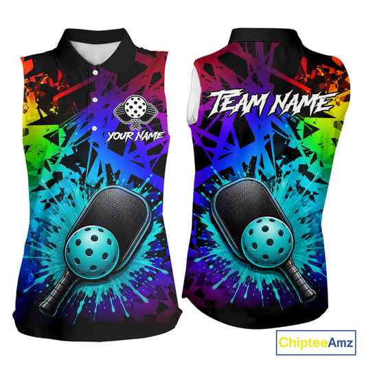 Teal splatter pickleball ball and paddles sleeveless polo for women colorful pickleball clothing