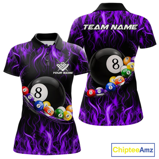 Purple Light Fire Flame 8 Ball Pool Shirt For Women Custom Billiard Ball Team Jersey