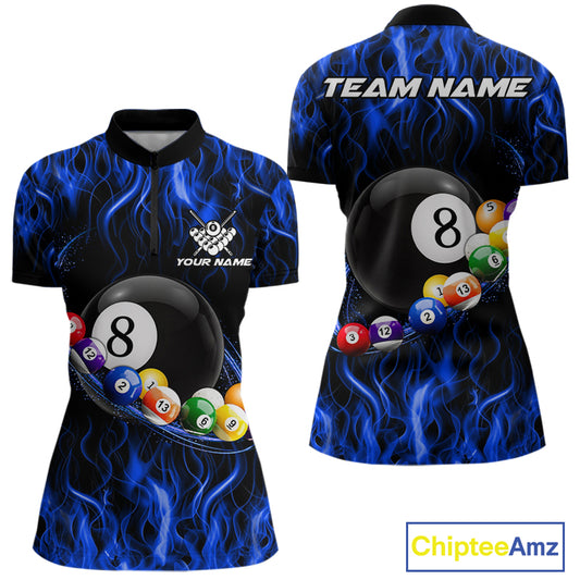 Blue Light Fire Flame 8 Ball Pool Shirt For Women Custom Billiard Ball Team Jersey