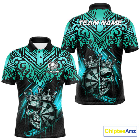 Teal Tribal Cracked Crown Skull Dartboard Men Darts Polo Shirt Custom Dart League Shirt NYN2648