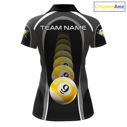 Black Blur 9 Ball Pool Polo & 1/4-Zip Team Shirt For Women Personalized Billiards Ball Apparel NYN2454