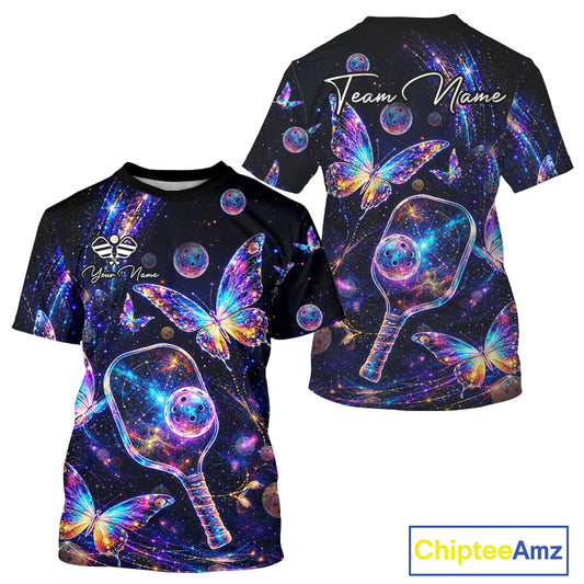 Custom Butterfly Rainbow Holographic Pickleball T-Shirt For Men Pickleball Paddle League Shirts NYN3864