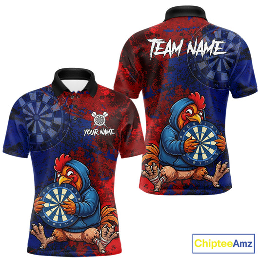 Blue And Red Grunge Funny Rooster Darts Shirt For Men Custom Name & Team Dart Outfits Jerseys NYN3162